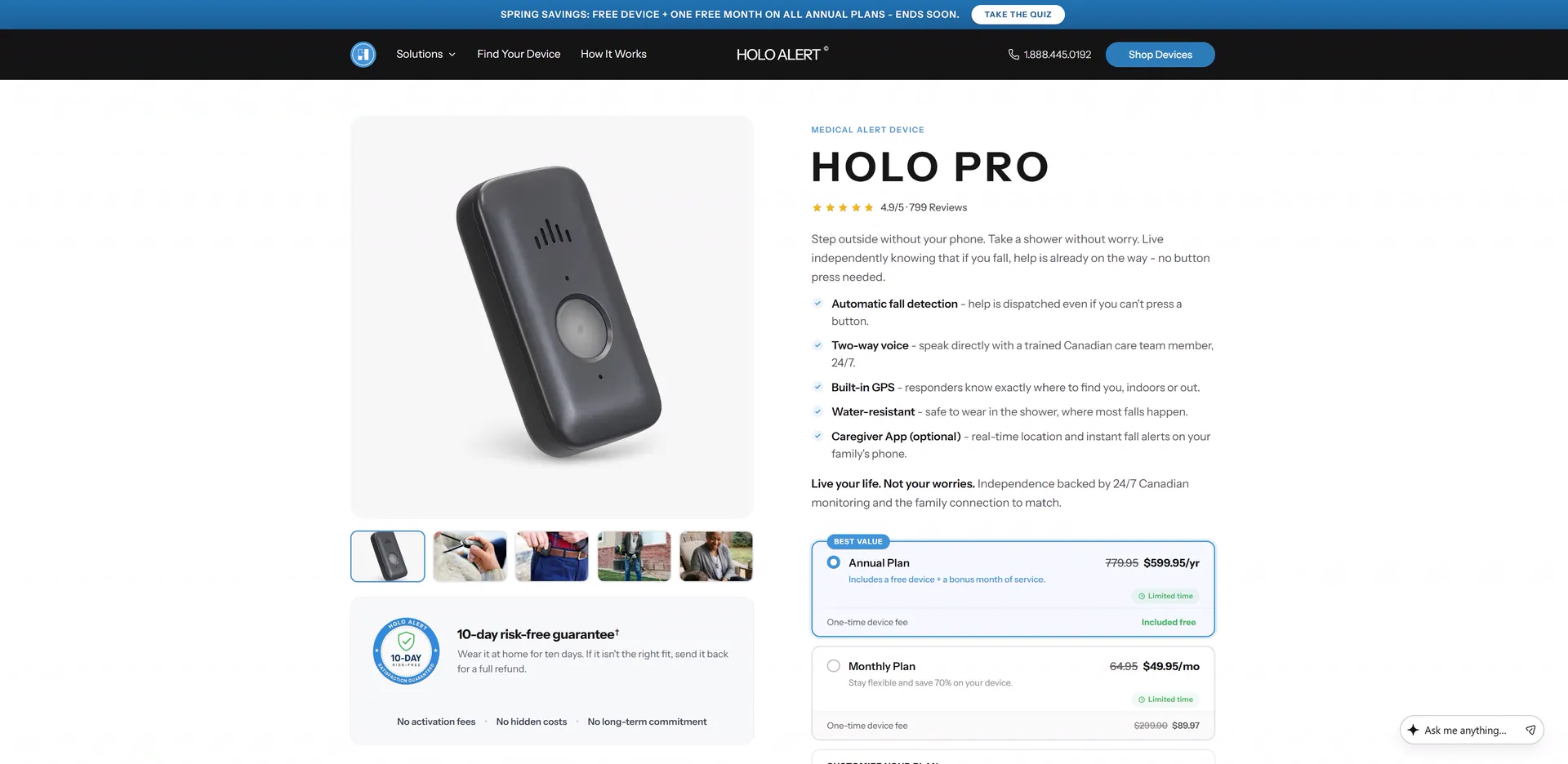The Holo Alert website, built and run by David: the product page for the Holo Pro medical-alert device.